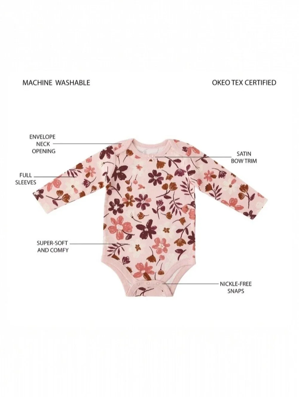 Members Mark Organic Cotton Bodysuits 4-Pack Floral Pink Baby Girls Size 12M NWT